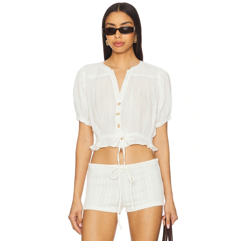 NEW Free People Little Cloud Button-Up Crop Top V-Neck Short Sleeve Sheer XS - Picture 1 of 14